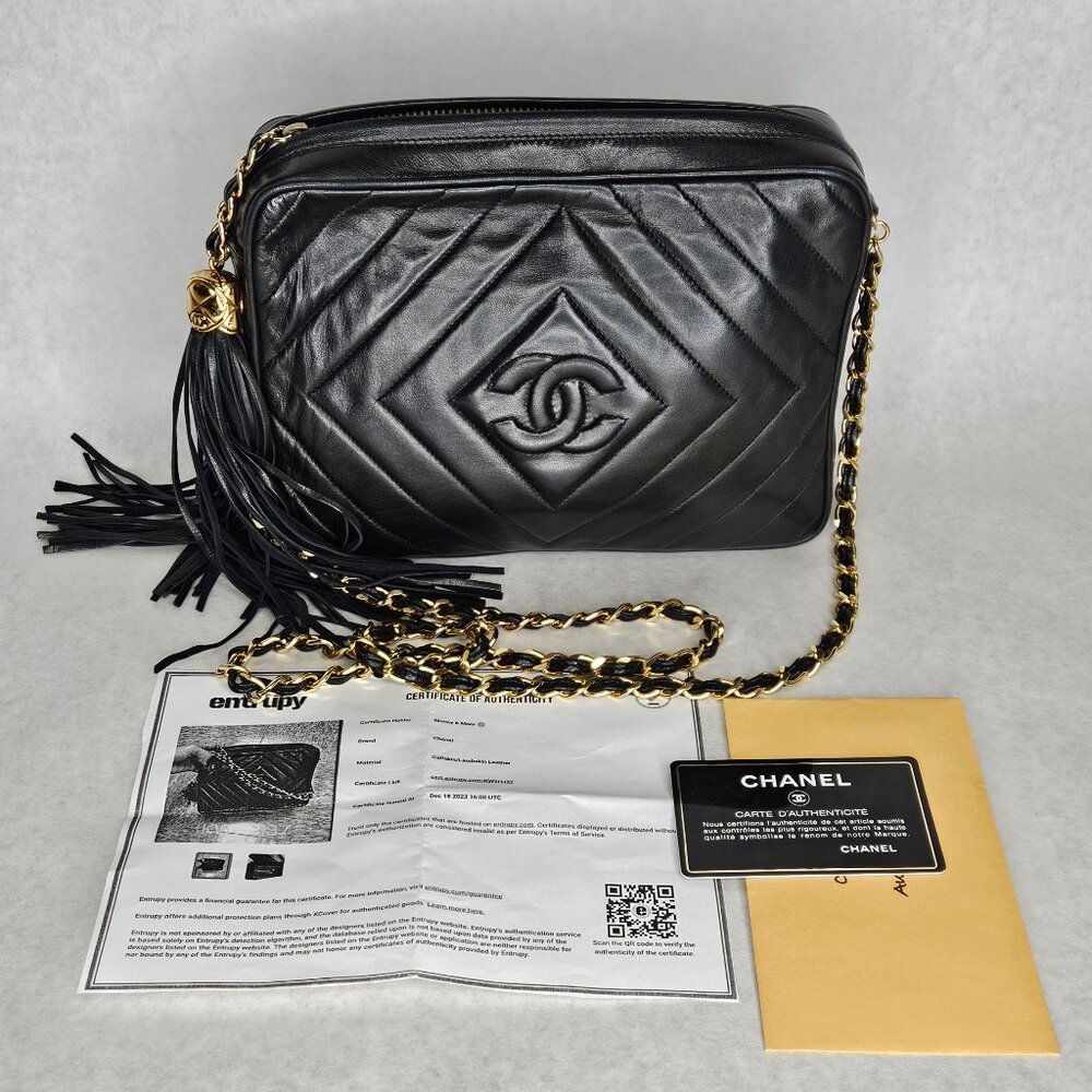 Chanel Quilted Black Leather Crossbody Fringe Shoulder Bag with Strap Tassel COA
